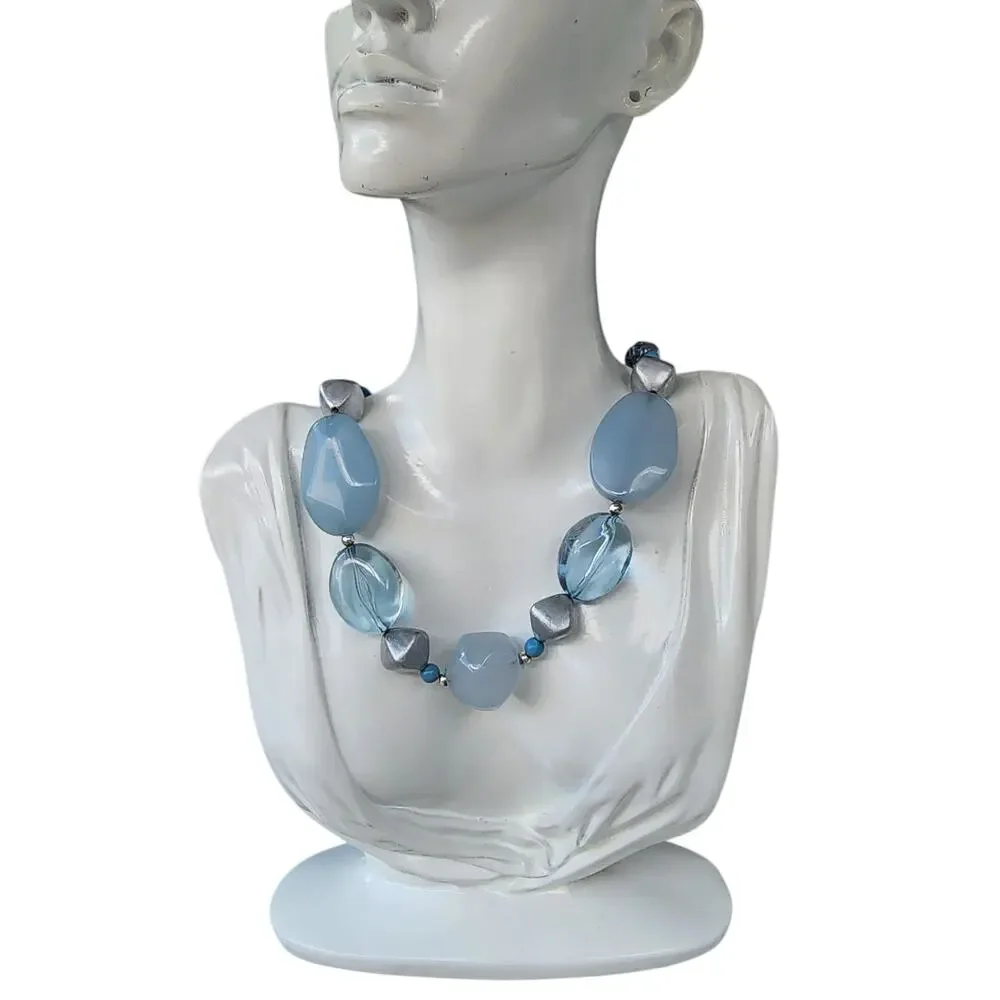 Milky Ice Blue Aquamarine Baroque Acrylic Beaded Necklace - Picture 3 of 9